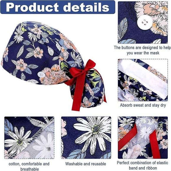 8 Scrub Hat Bouffant Ponytail Caps, Buttons Washable Reusable Cotton Prints - Picture 4 of 11